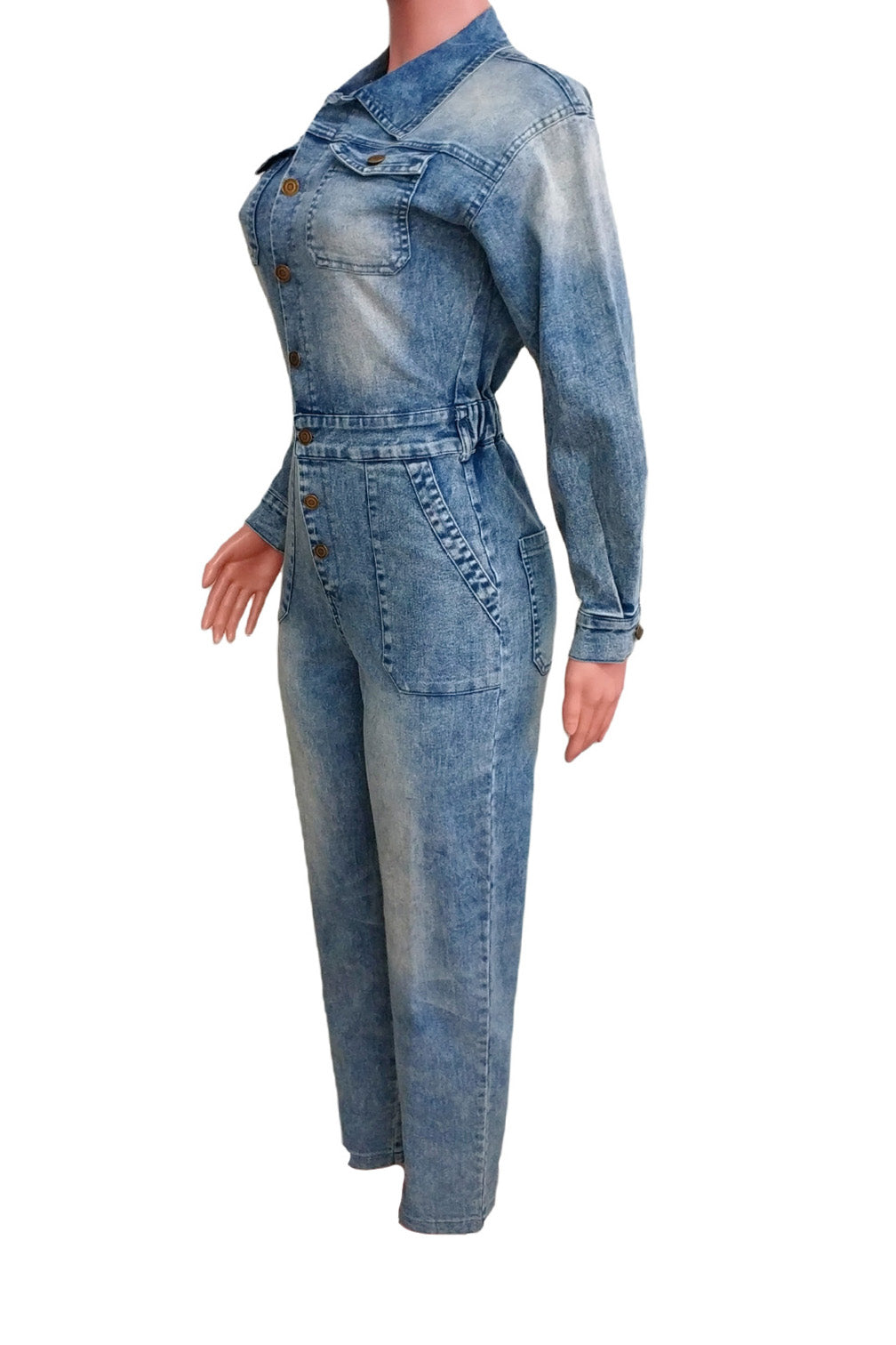Long Sleeve Button Down Denim Utility Jumpsuit