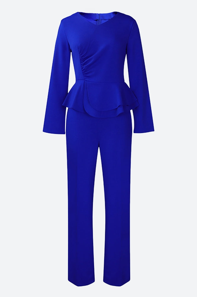Solid Flounce V Neck Long Sleeve Sets