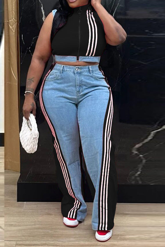 Striped Cropped Top Denim Pant Sets