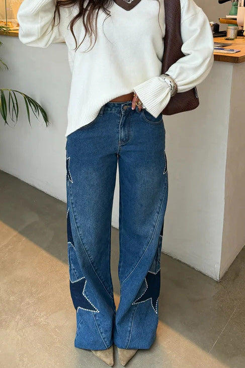 High-Waisted Star Patch Wide Leg Jeans