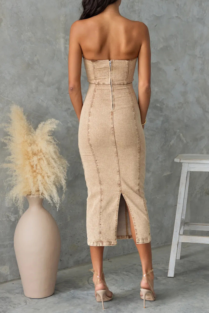 Vintage Mid Wash Denim Bandeau Midi Dress