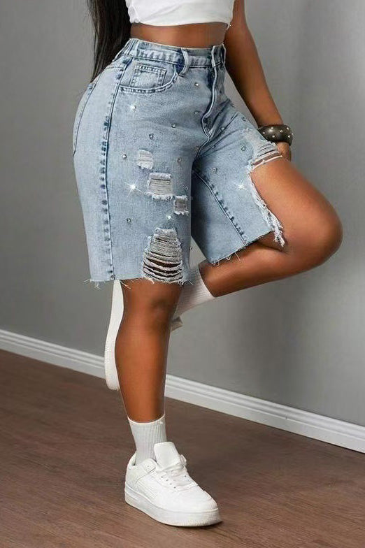 Rhinestone Distressed Denim Bermuda Shorts
