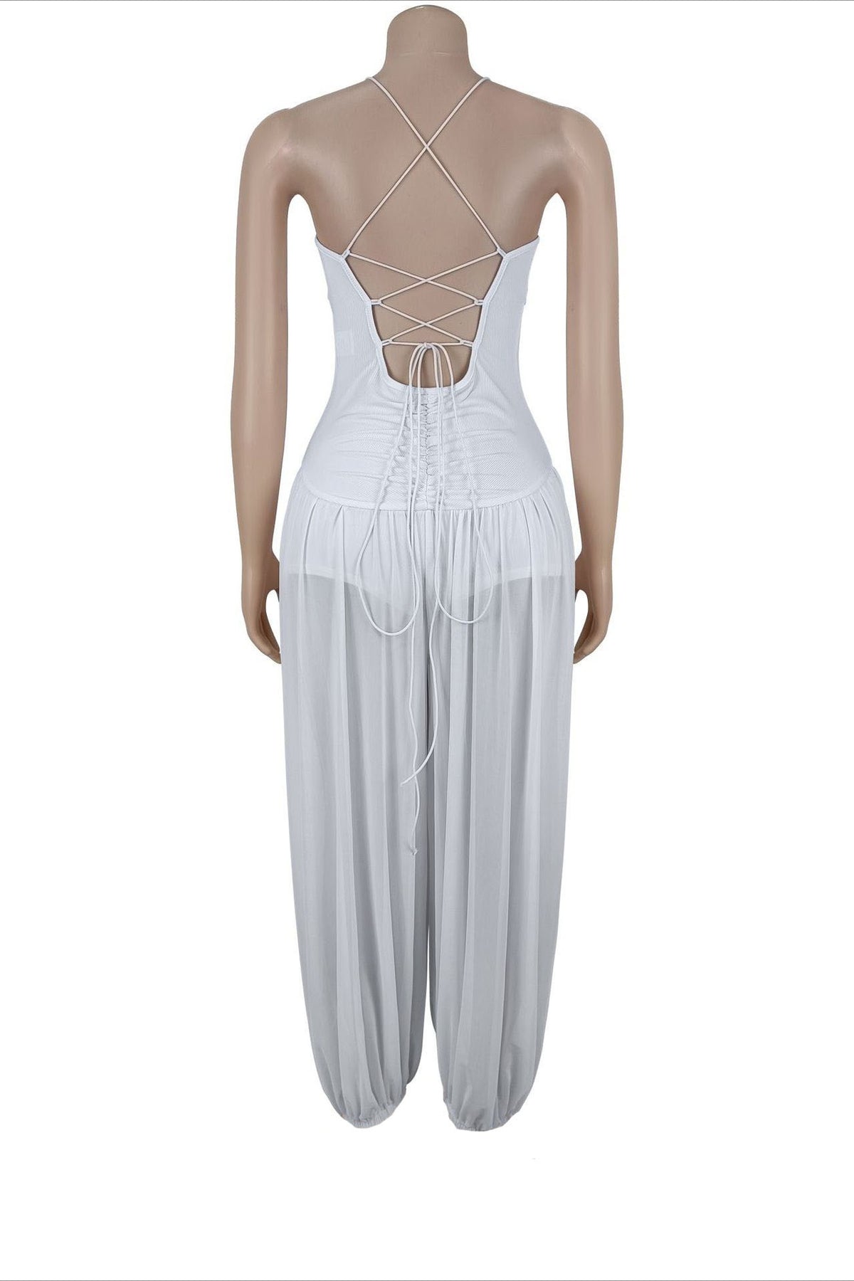 Sheer Lace-Up Wide Leg Jumpsuit