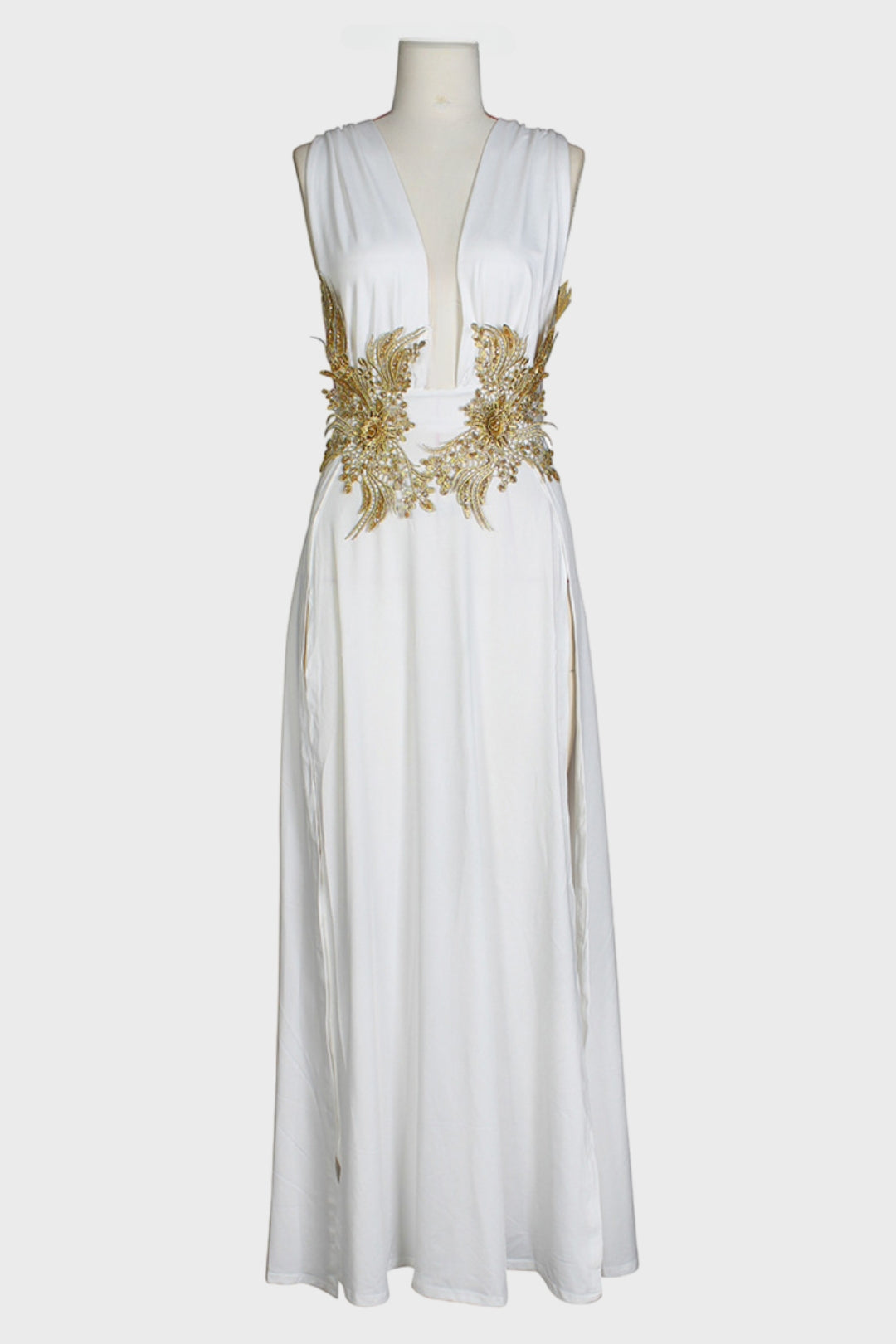 Open V-Neck Sleeveless Double Slit Maxi Dress
