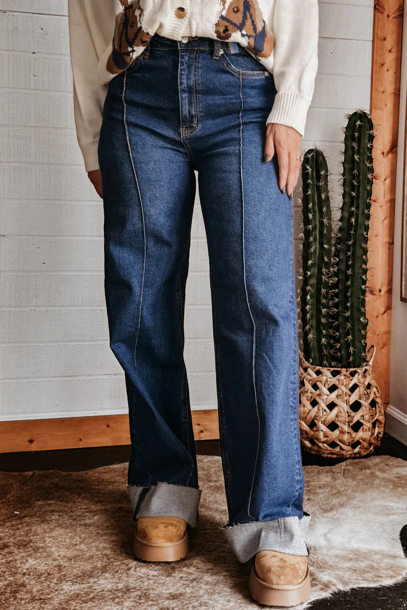 Stretch Cuffed Wide Leg Front Seam Jeans