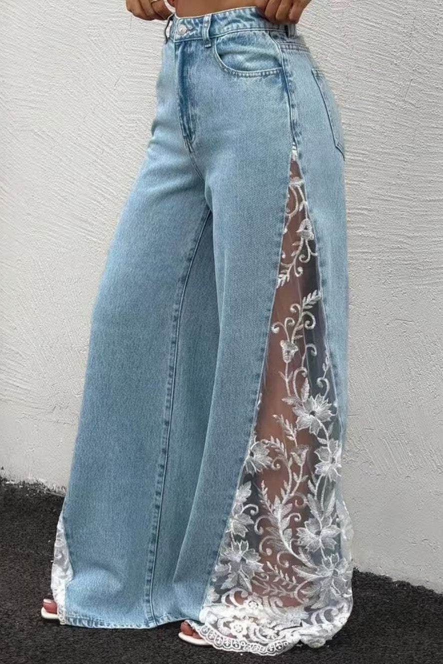 High-Waisted Lace Insert Wide Leg Jeans