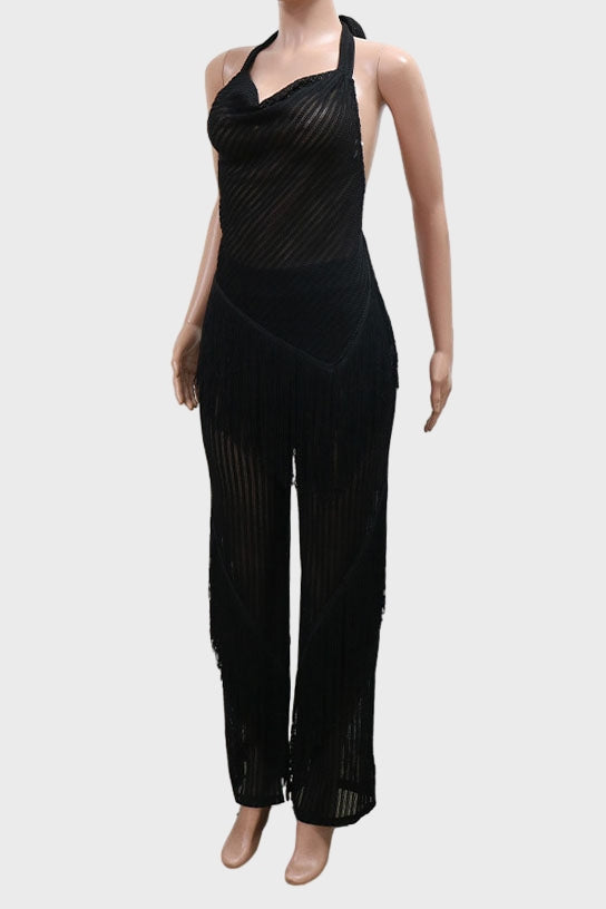 Sleeveless Backless Top Loose Pants Tassel Set