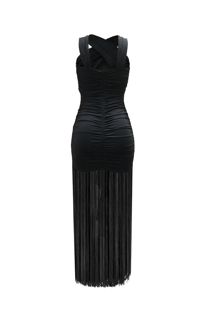 Cross-Front Mesh Illusion Ruched Fringe Maxi Dress