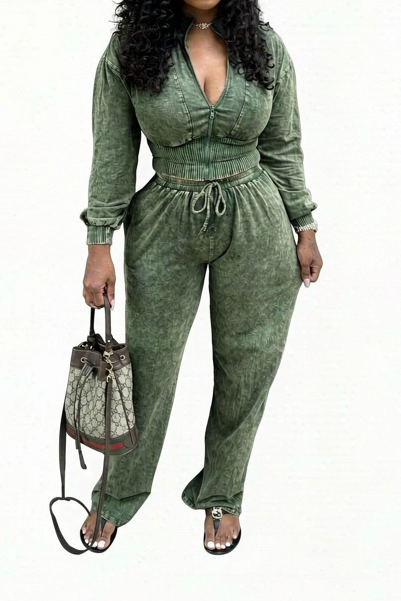 Washed Cropped Zip Jacket Jogger Pants Set