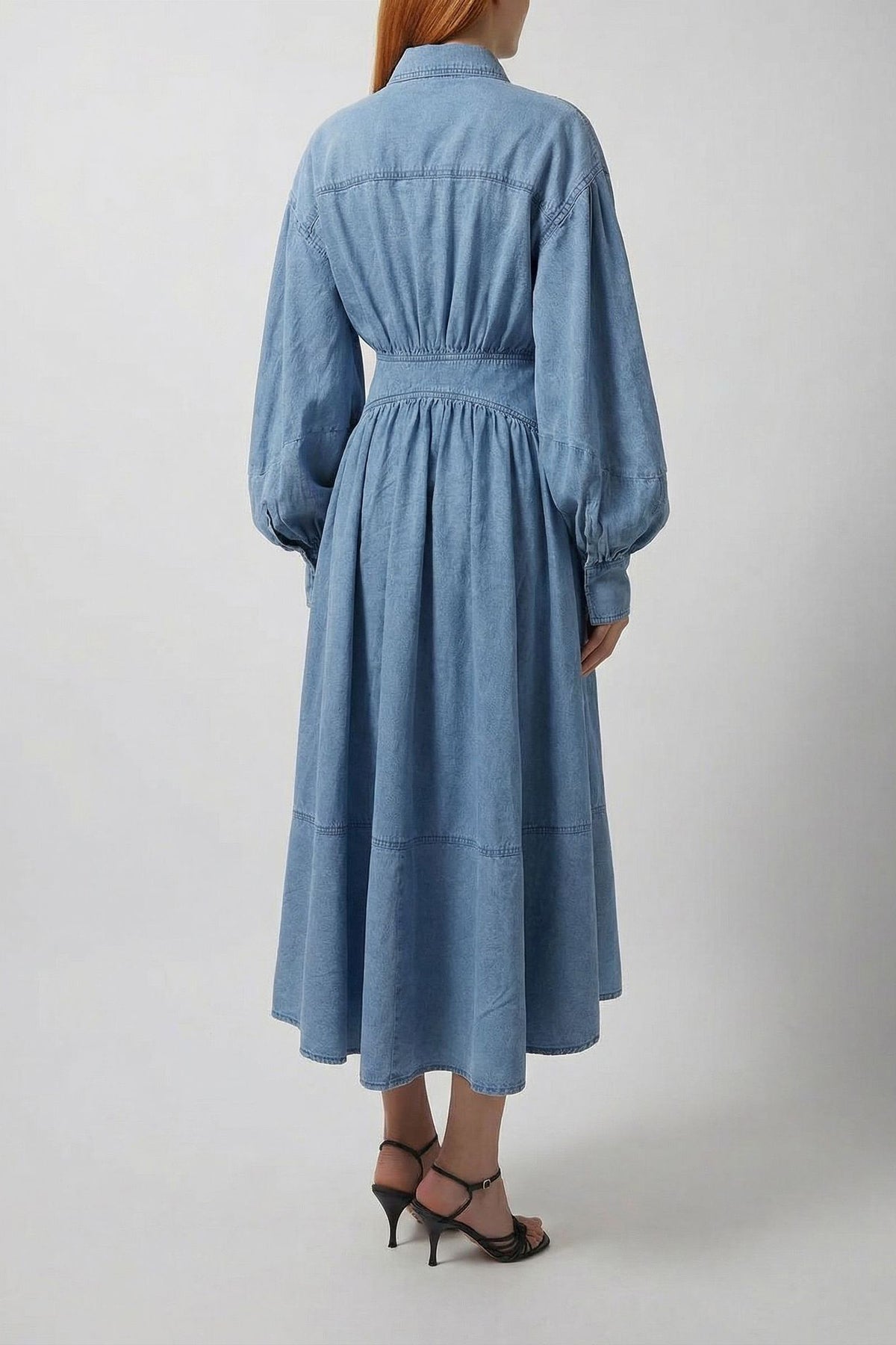 Ruched Asymmetric Button Denim Maxi