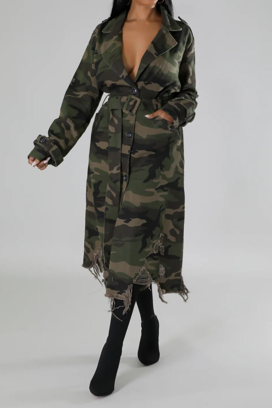 Longline Distressed Camouflage Jacket