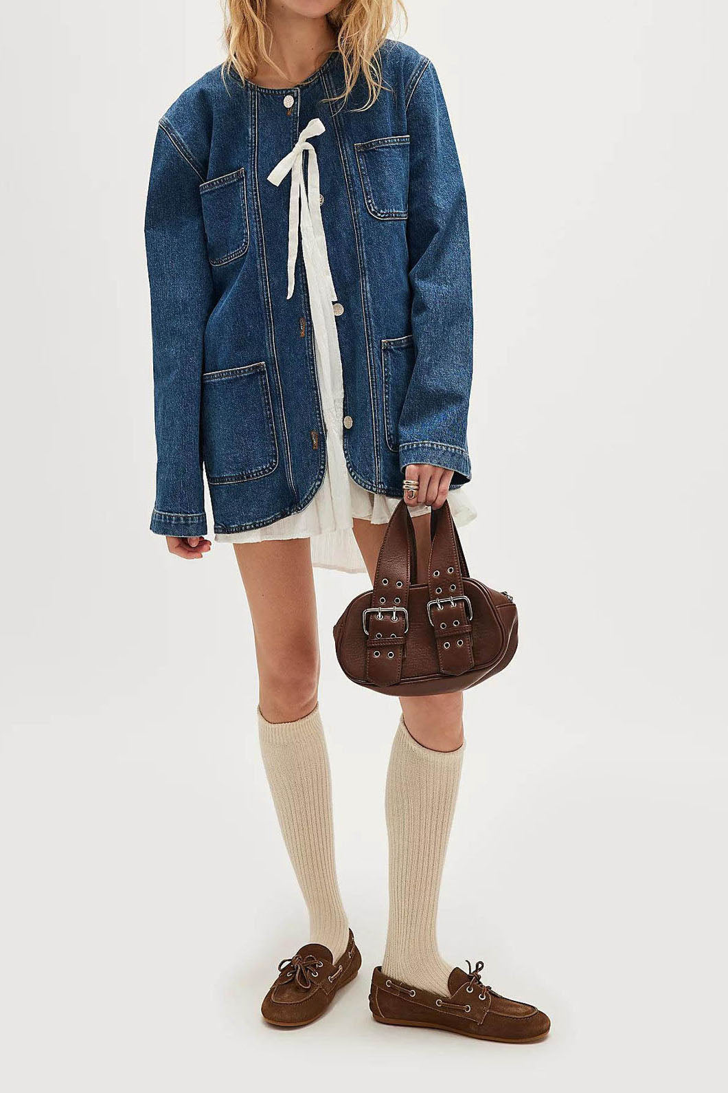 Collarless Button-Front Denim Jacket