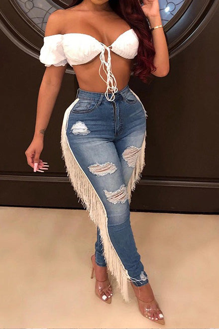 High-Rise Fringe Trim Distressed Skinny Jeans
