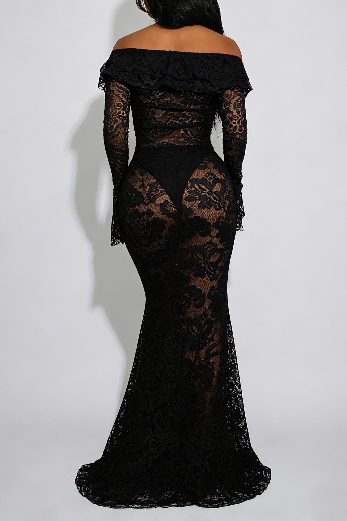 Sheer Lace Ruffled Slit Maxi Dress