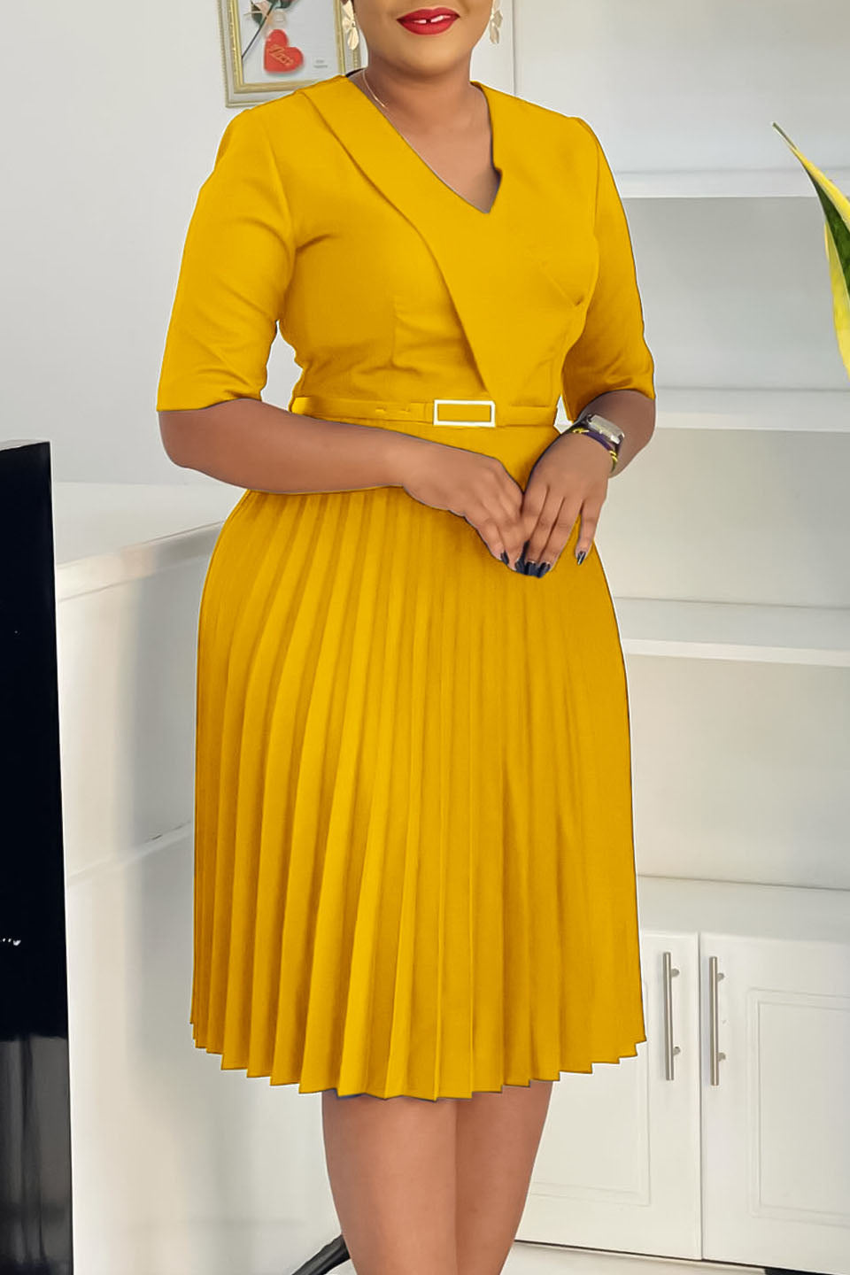 Solid Belted Pleated Dress