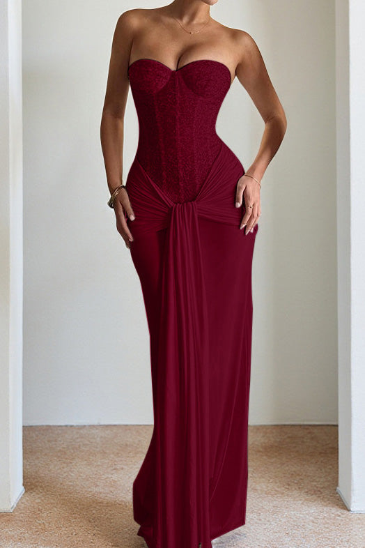 Off Shoulder Lace Up Pleated Maxi Dress