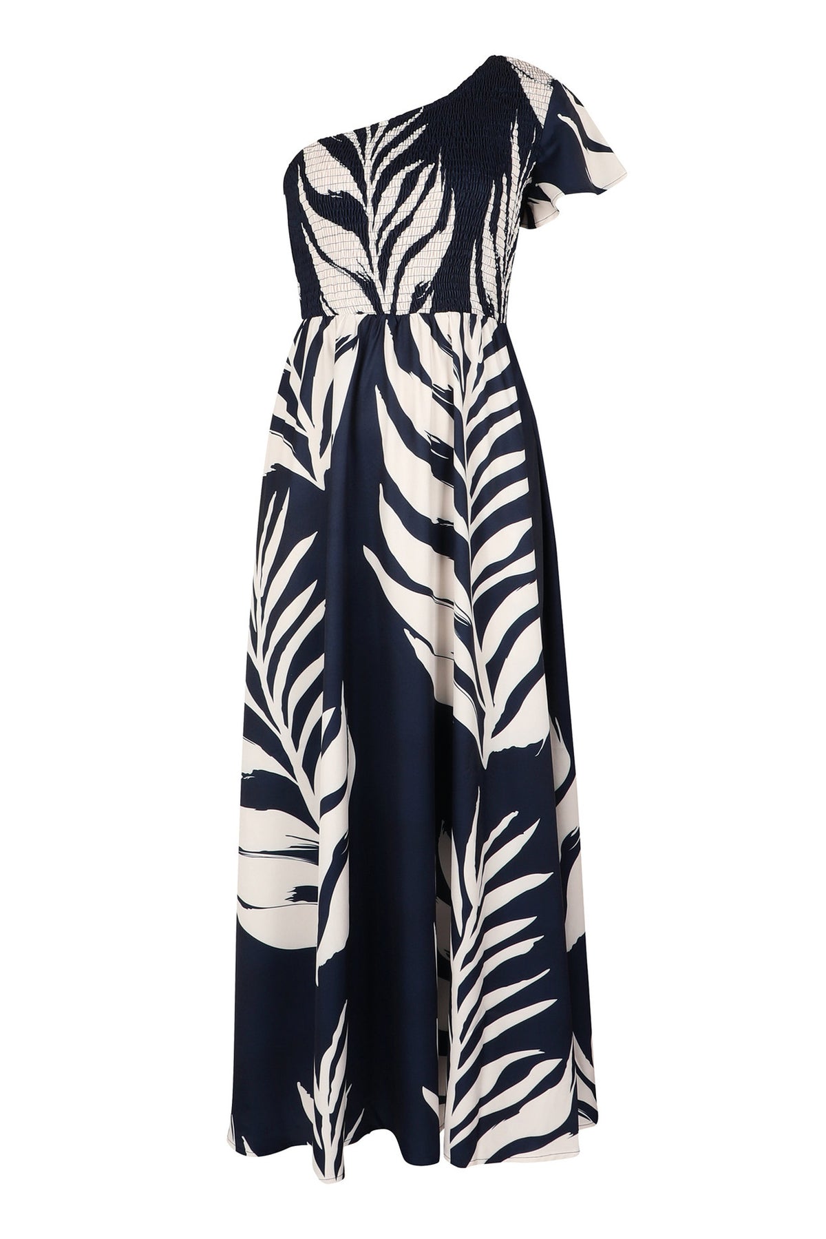 Tropical Palm Print One-Shoulder Maxi Dress