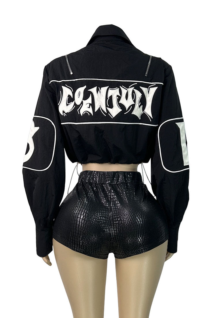 Letter-Embroidered Cropped Drawstring Jacket