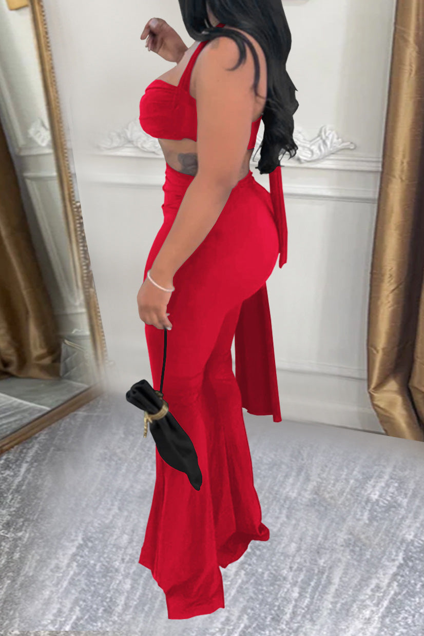 Twist-Front Halter Top & Drape Flare Pant Set