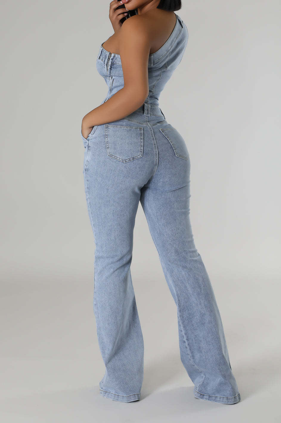One Shoulder Denim Jumpsuit