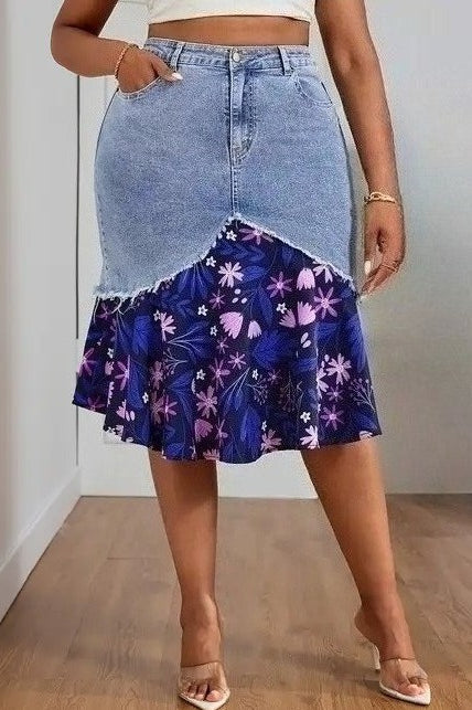 Plus Size Floral Patchwork Denim Skirt