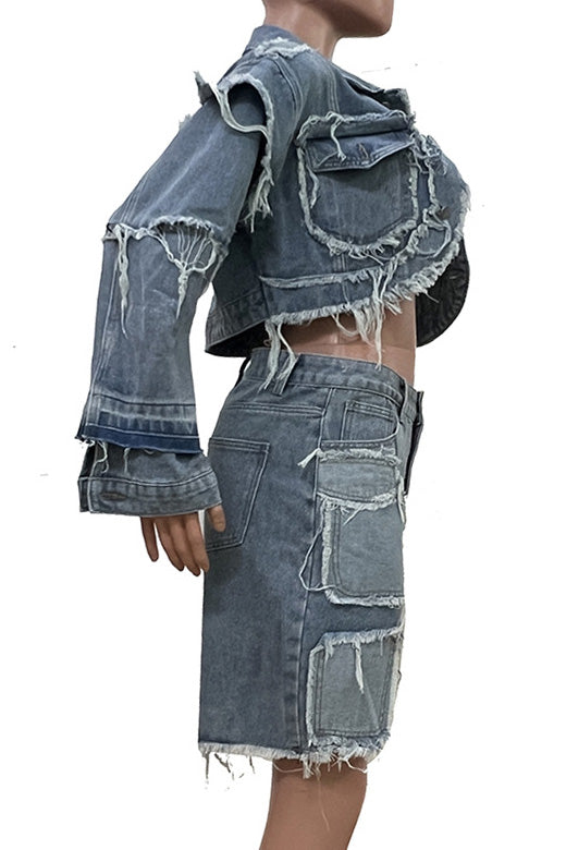 Vintage Washed Patchwork Denim Set