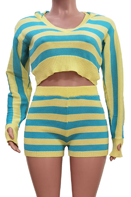 Striped Knit Hoodie Shorts Set