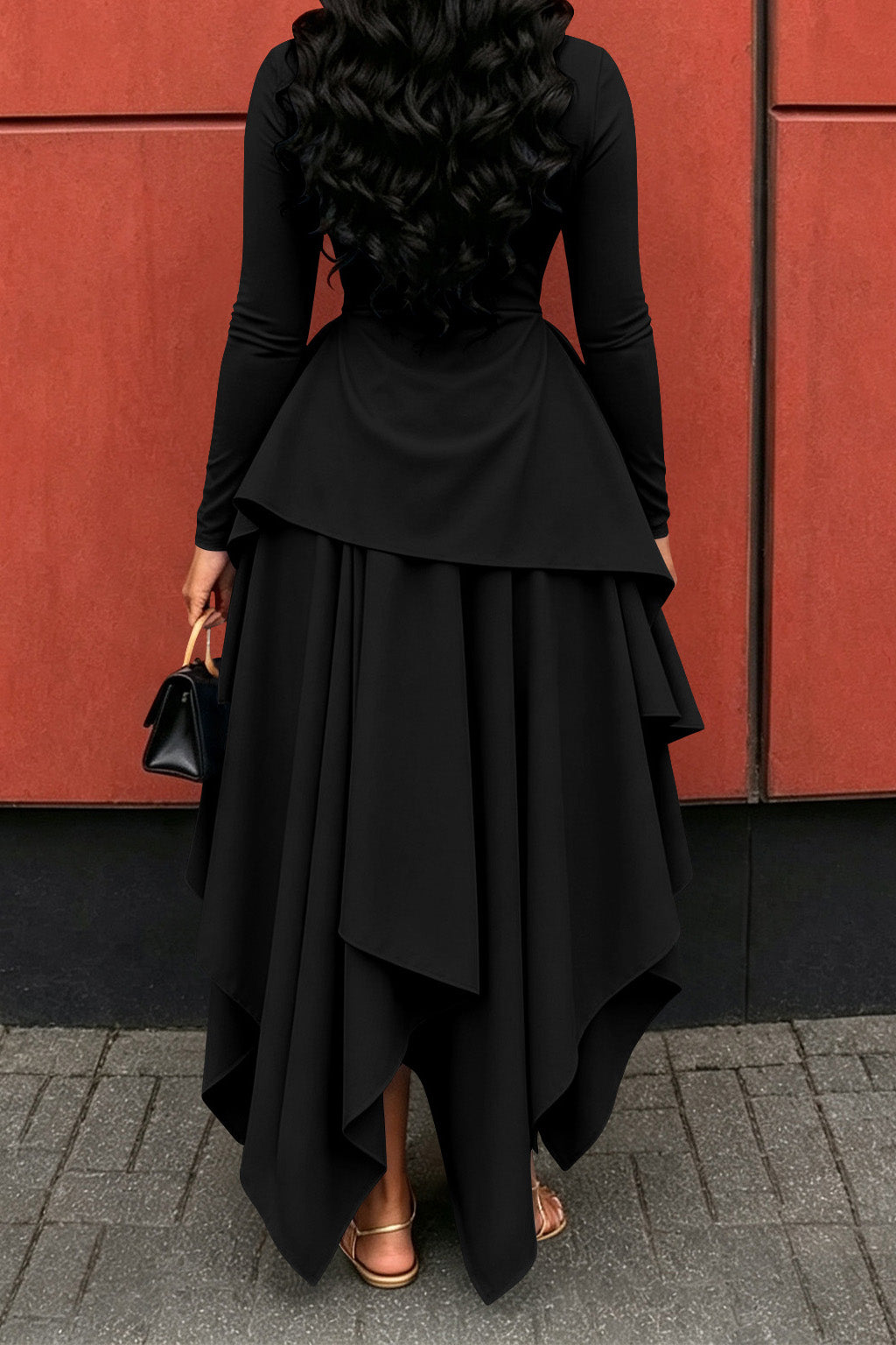 Long-Sleeve Ruffle Hem High-Low Dress