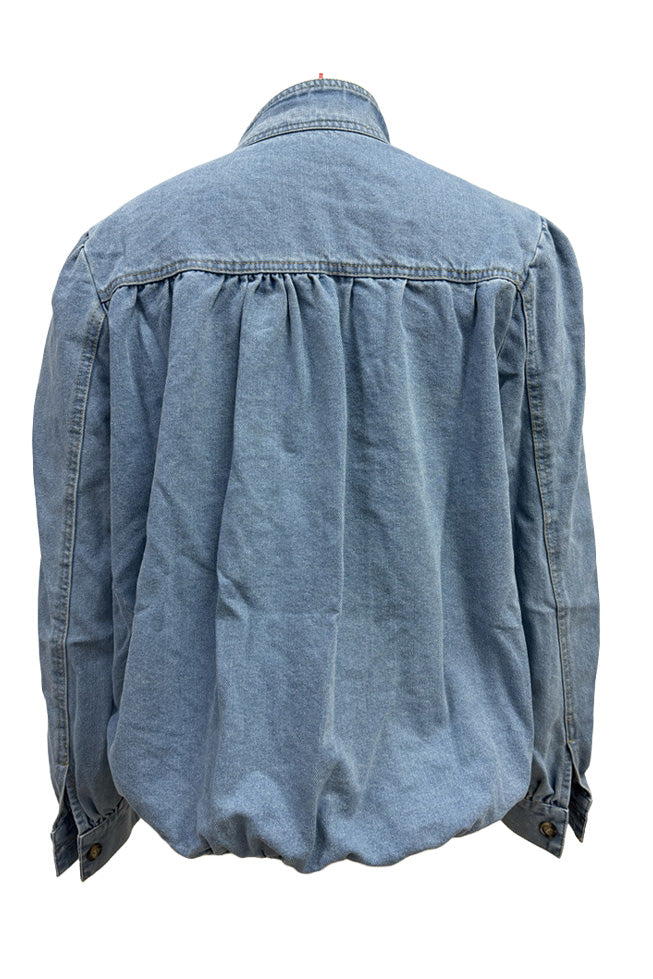Puff-Sleeve Stand-Collar Denim Jacket