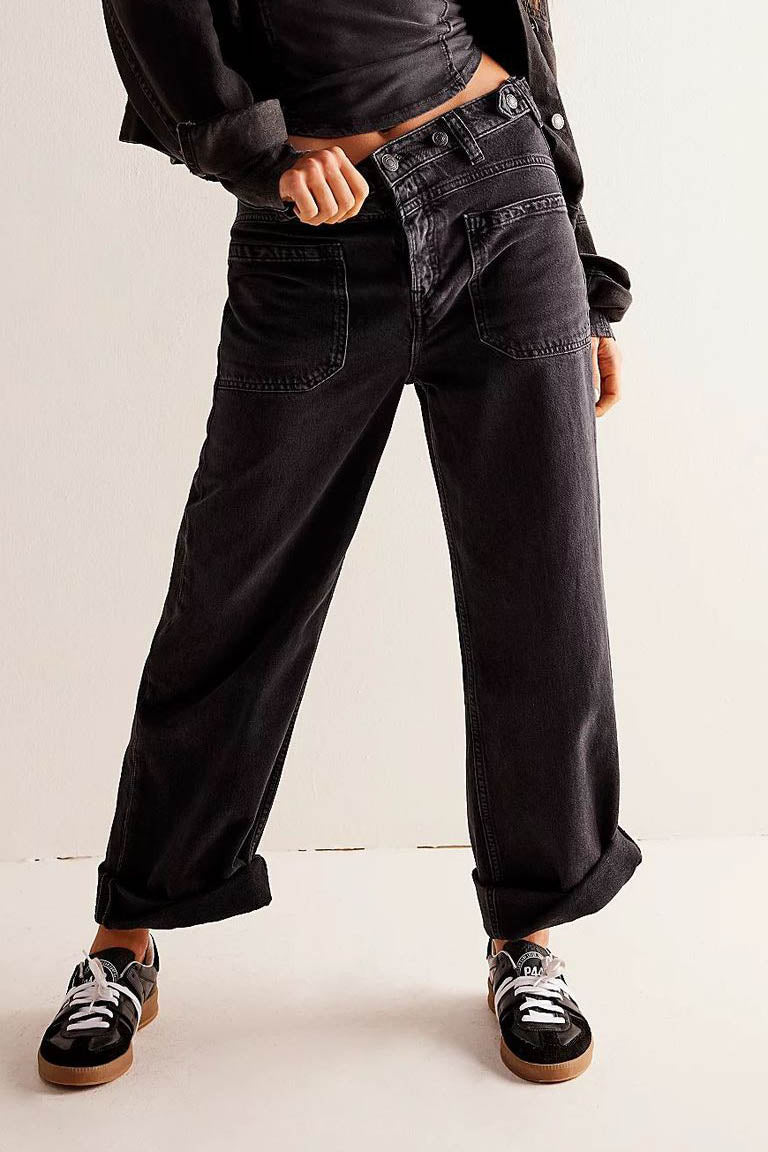 Washed Wide Leg Cuffed Jeans