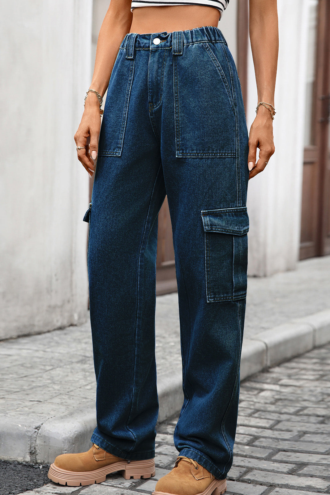 High Waist Elastic Baggy Cargo Jeans
