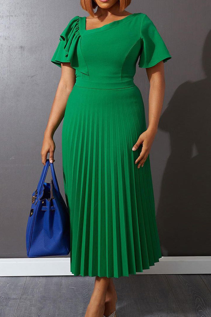Pleated Flounce Sleeve Slim Fit Dress