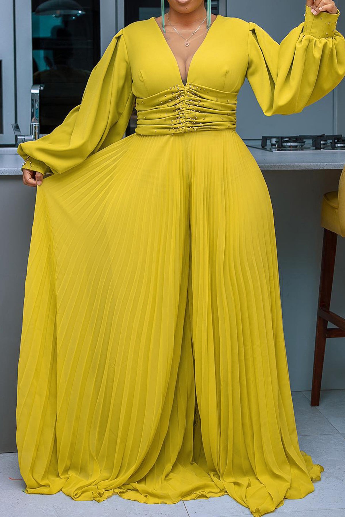 Plus Size Beaded Mesh Wide-Leg Jumpsuit