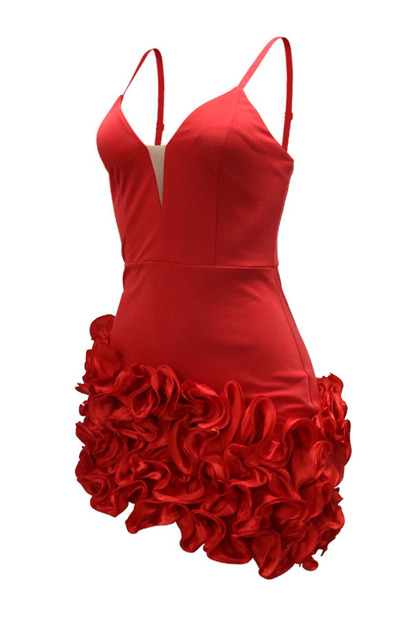 Plunging 3D Ruffle Asymmetrical Mini Dress