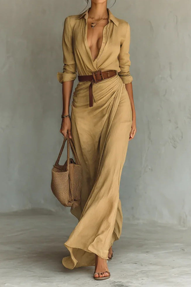 Lapel Buttoned Waist Maxi Dress