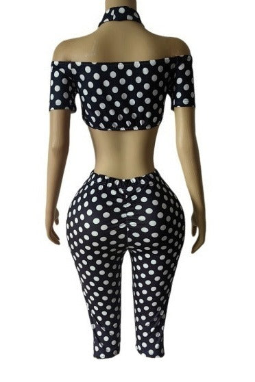 Polka Dot Off Shoulder Biker Shorts Set