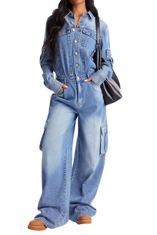 Washed Denim Utility Wide Leg Jumpsuit