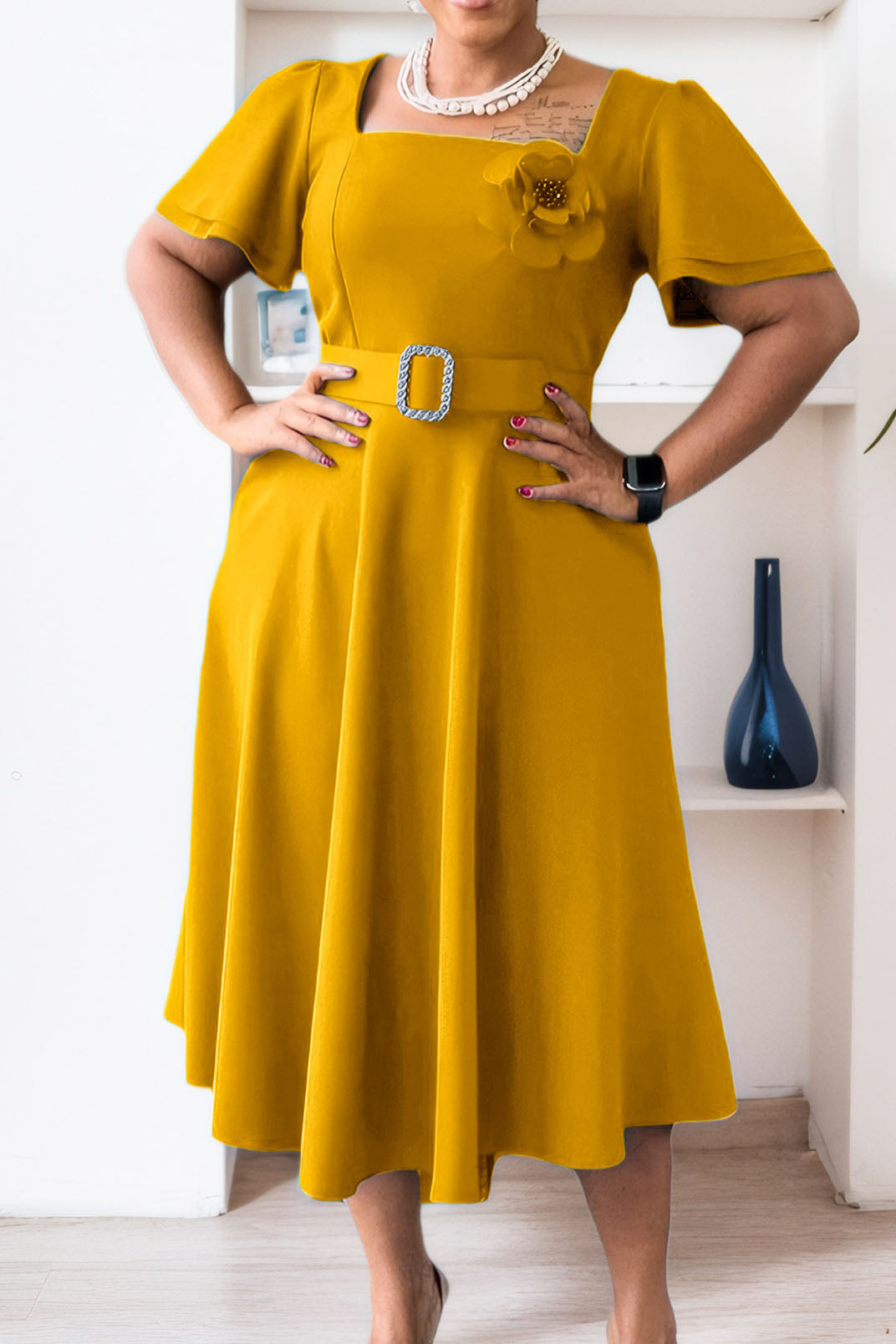 Square Neck High Waist Flared Maxi Dress