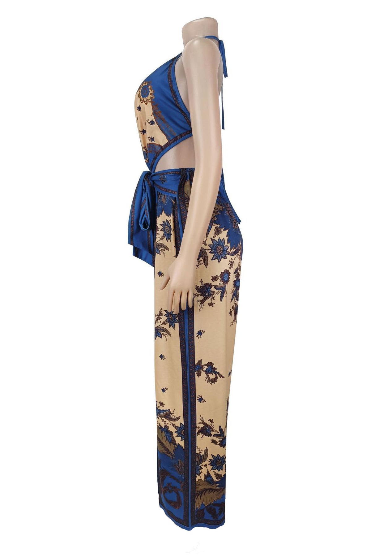 Ornate Print Halter Slit Wide Leg Jumpsuit