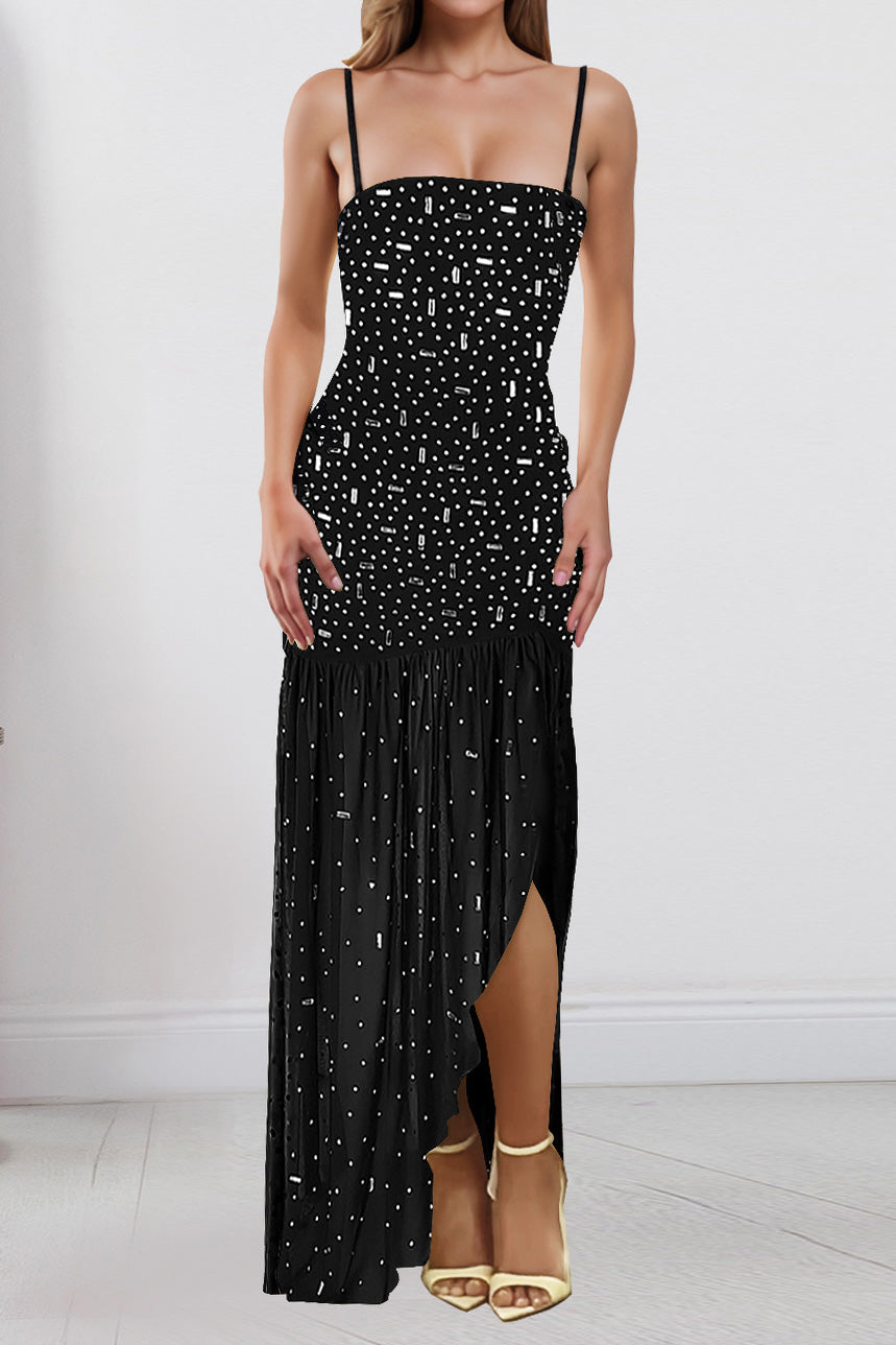 Rhinestone Strap Slit Bodycon Dress