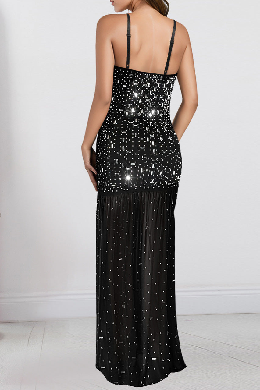 Rhinestone Strap Slit Bodycon Dress