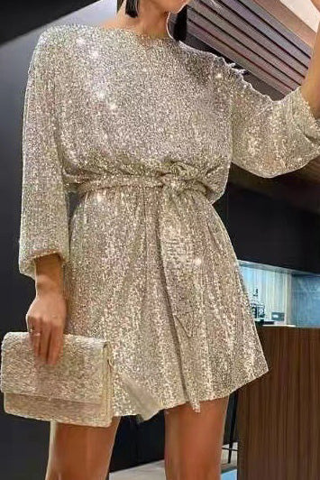 Sequin Tie Waist Long Sleeve Mini Dress