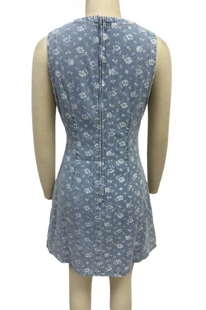 Vintage Floral Denim A-Line Mini Dress
