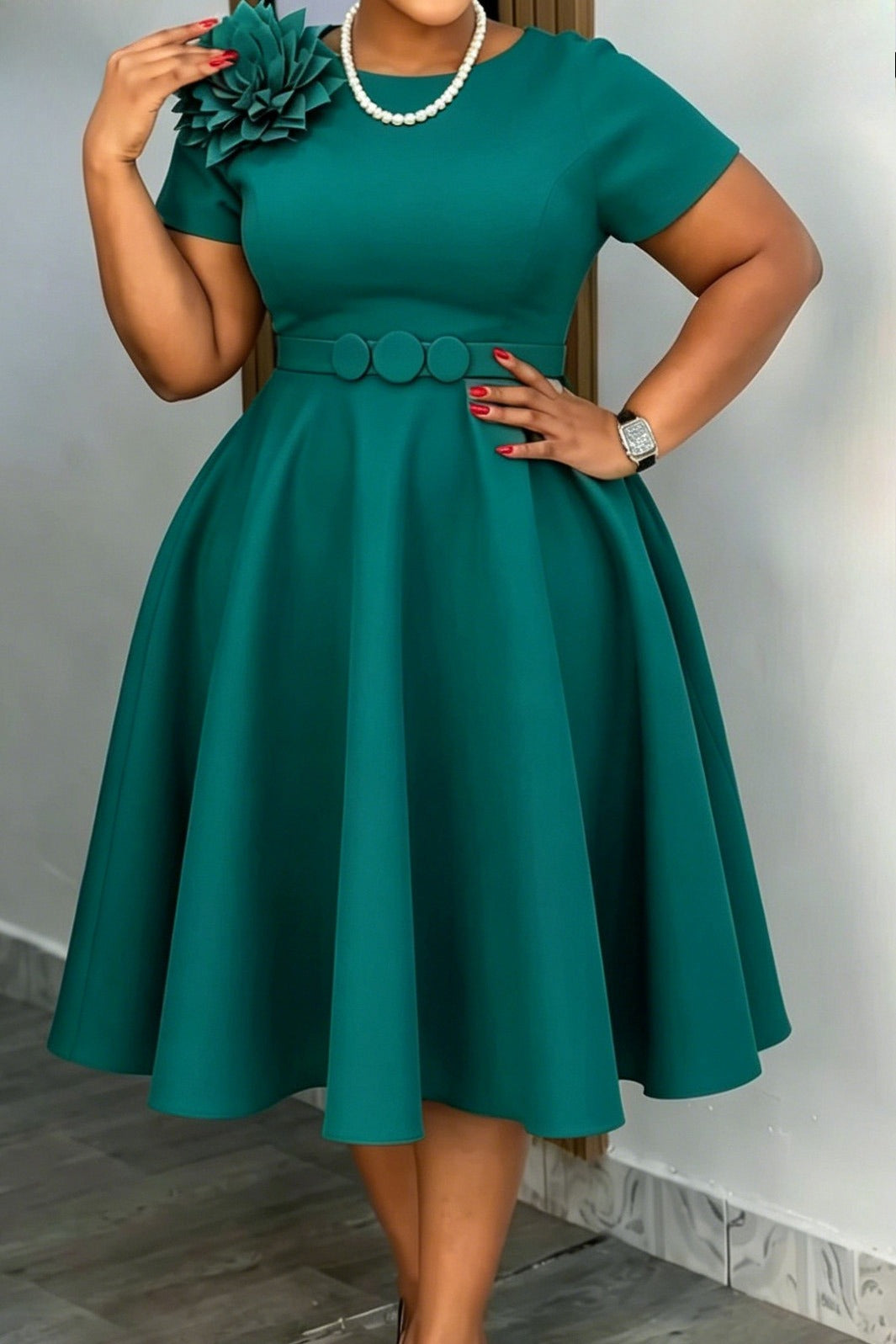 3D Floral Applique Belted A-Line Midi Dress