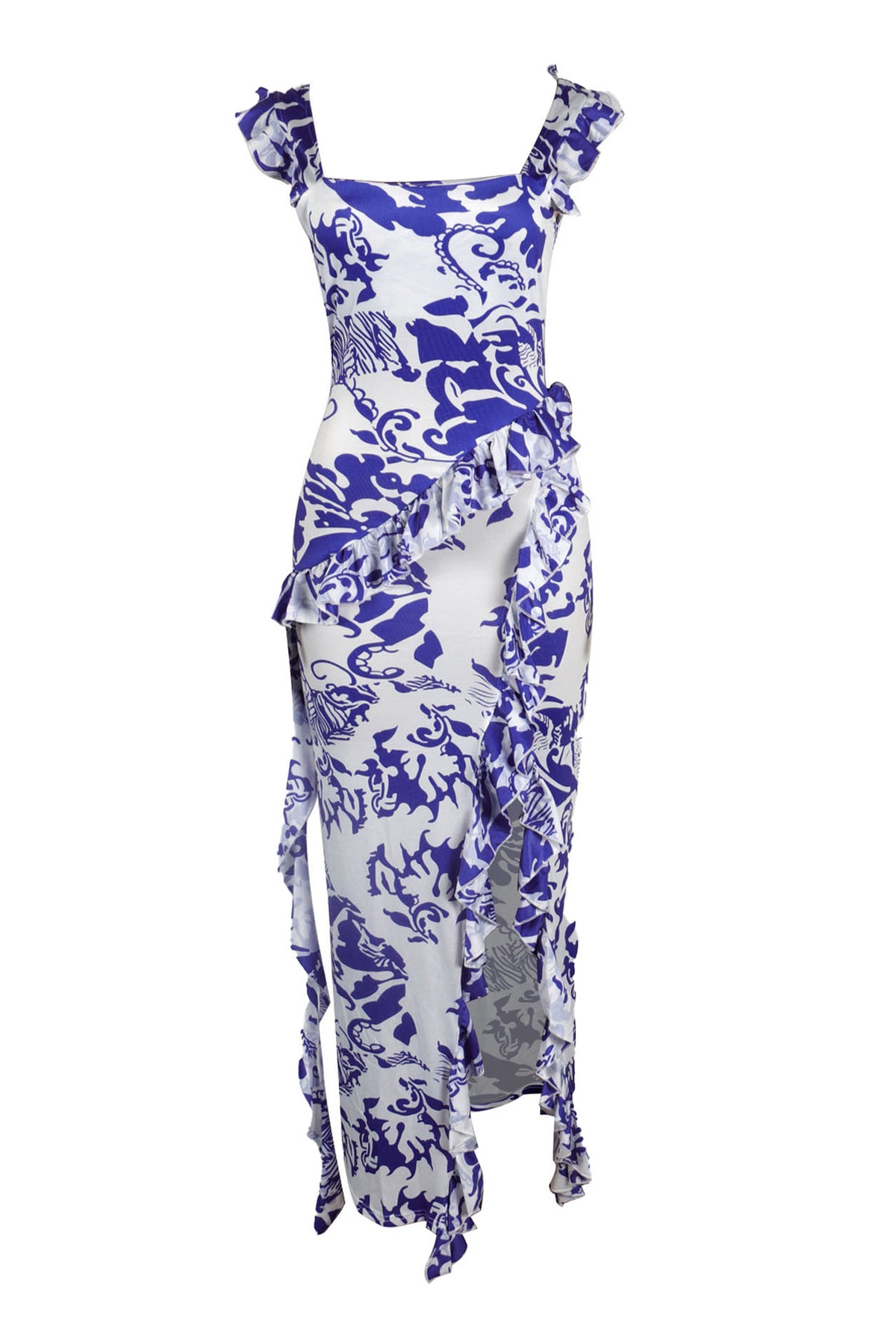 Long Strapless Dress With Slits and Tropical Print