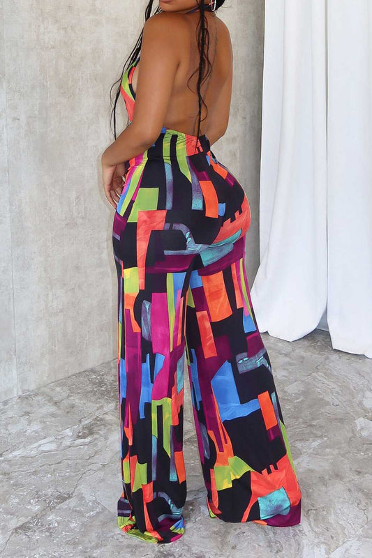 Printed Halter Hollow Out Jumpsuit