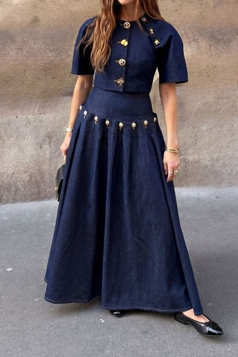 Statement Button Denim Top & Skirt Set