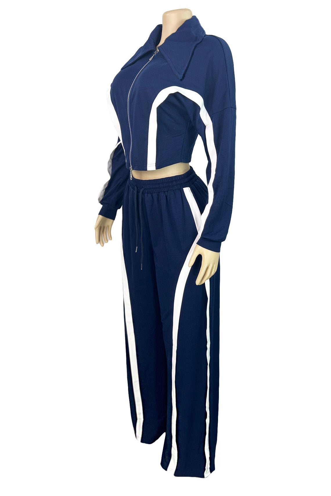 Striped Patchwork Zip-Up Top & Wide Leg Pants Set