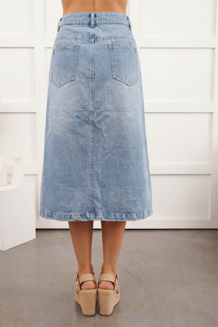 Button Front Cargo Denim Midi Skirt