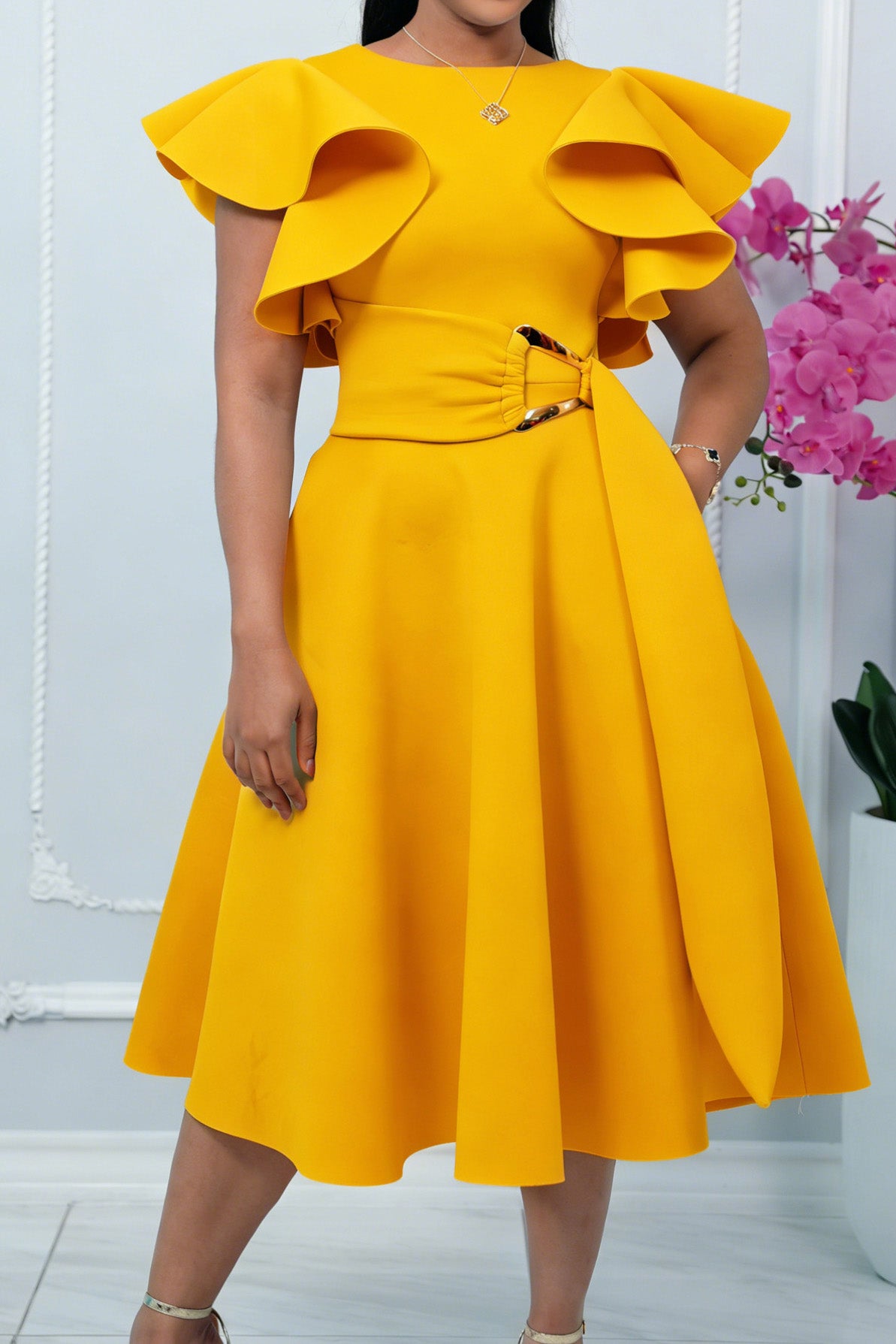 Elegant Ruffle Sleeve Belted Midi Dress